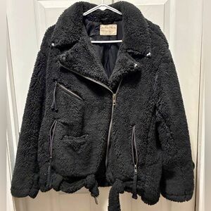 We The Free People So Cozy Slouchy Sherpa Faux Fur Black Bomber Moto Jacket Sz M